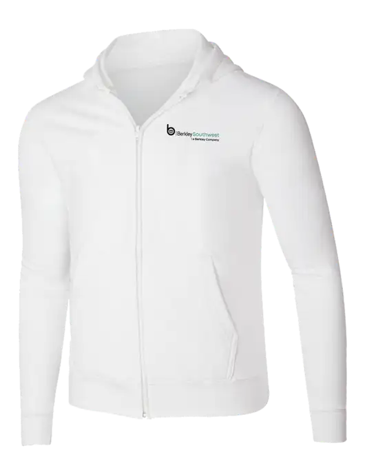 White 8.5 oz Ring Spun Zip Hooded Sweatshirt w/Berkley SW logo