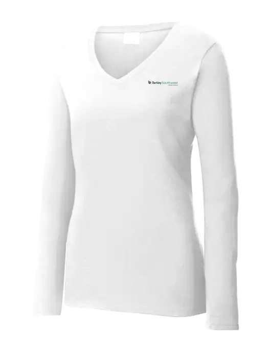 Womens  V-Neck Ring Spun White 4.5 oz Long Sleeve T-Shirt w/Berkley SW logo