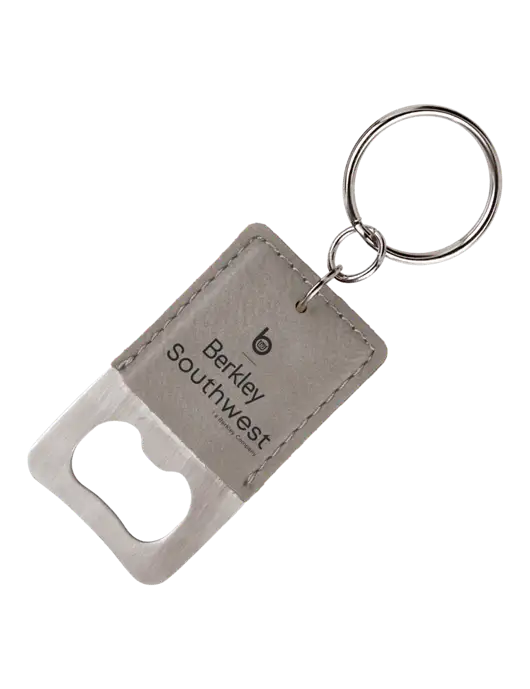Grey Leatherette Rectangle Bottle Opener Keychain w/Berkley SW logo