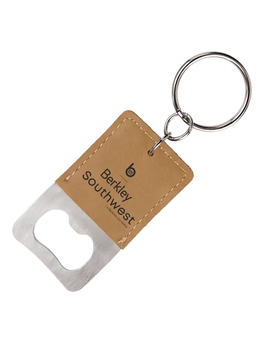 Tan Leatherette Rectangle Bottle Opener Keychain w/Berkley SW logo