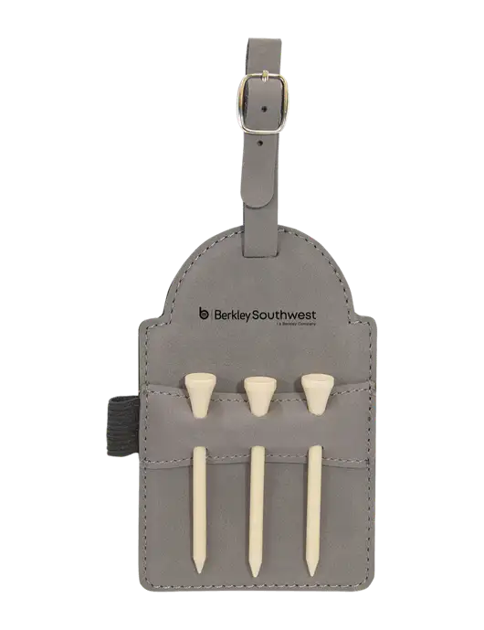 Grey Leatherette Golf Bag Tag with 3 Wooden Tees w/Berkley SW logo