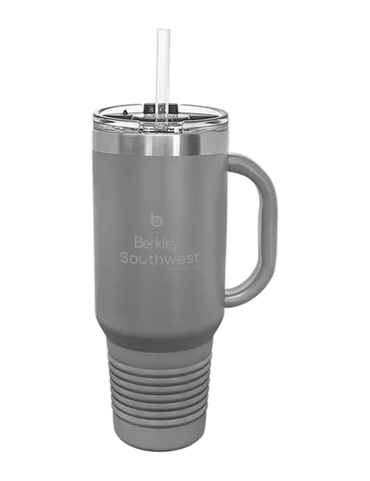 Polar Camel 40 oz. Powder Coated Vacuum Insulated Grey Travel Mug with Straw w/Berkley SW logo