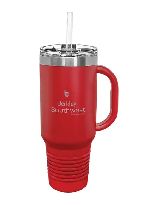 Polar Camel 40 oz. Powder Coated Vacuum Insulated Red Travel Mug with Straw w/Berkley SW logo