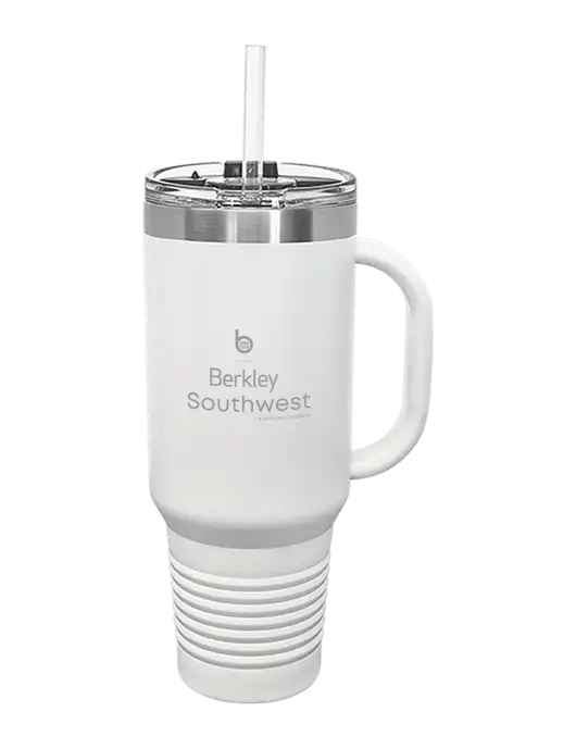 Polar Camel 40 oz. Powder Coated Vacuum Insulated White Travel Mug with Straw w/Berkley SW logo