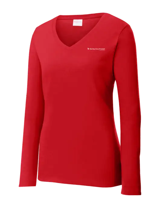 Womens  V-Neck Ring Spun Bright Red 4.5 oz Long Sleeve T-Shirt w/Berkley SW logo