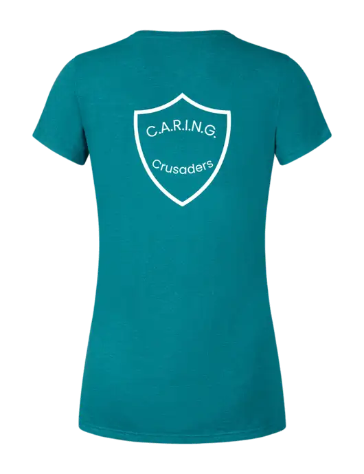 Womens Simply Soft V-Neck Heather Teal 4.5oz  Poly/Combed Ring Spun Cotton T-Shirt w/Caring Crusaders, Berkley SW logo